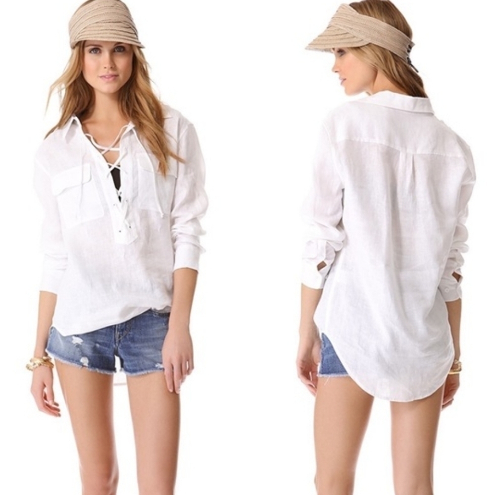 Equipment Women Knox Lace Up Neck White Blouse top sz S